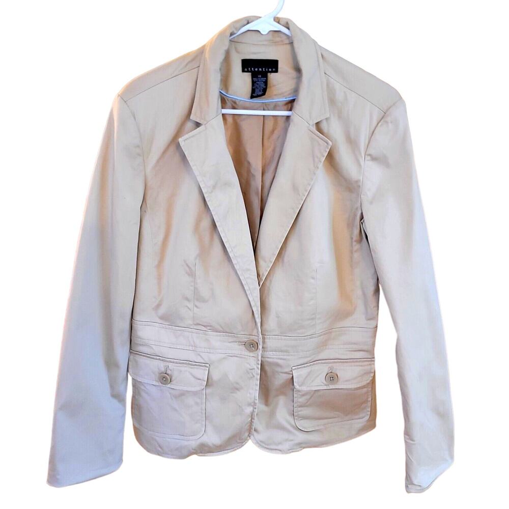 Attention Tan Short Blazer 14 L 1 Button Outside Pockets Lined Preppy Academia